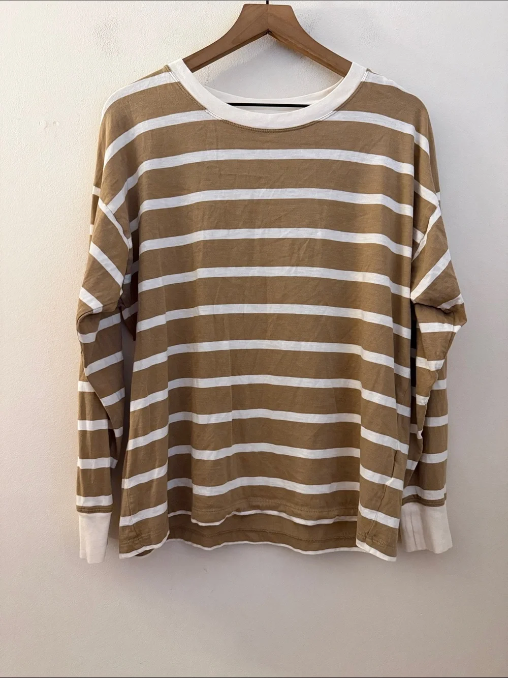 J.Crew Long Sleeve Stripe Tee camel ivory crewneck 100% cotton L